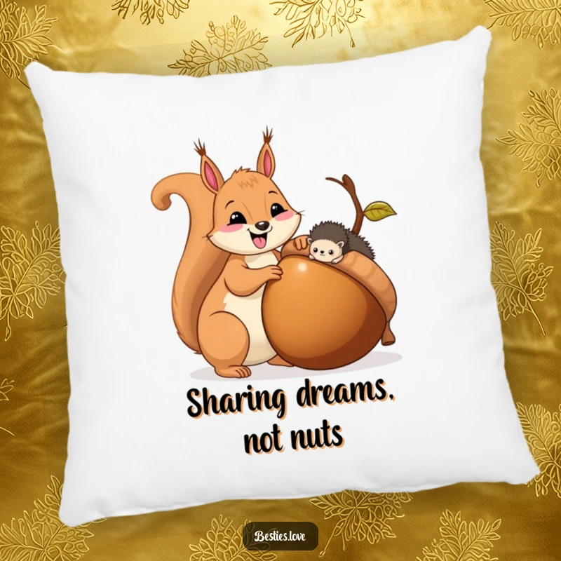 Funny pillow showcasing a cheerful squirrel offering a large acorn to a petite hedgehog, symbolizing sharing and affection.