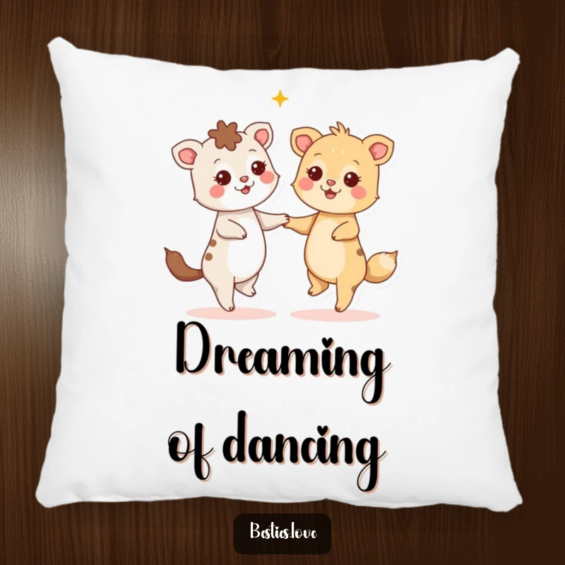 Funny Pillow: Two animals dance ecstatically, their eyes shining with stars, creating a humorous and cozy addition to any room.