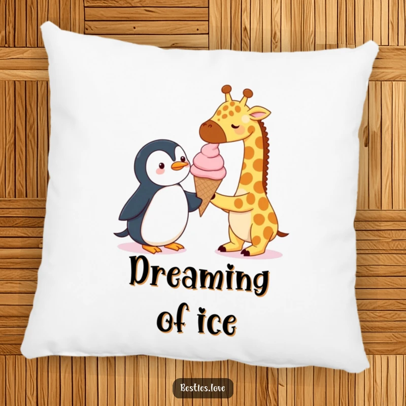 Funny Pillow: A giraffe and a penguin sharing a single, oversized ice cream cone, offering cozy comfort and a humorous touch.