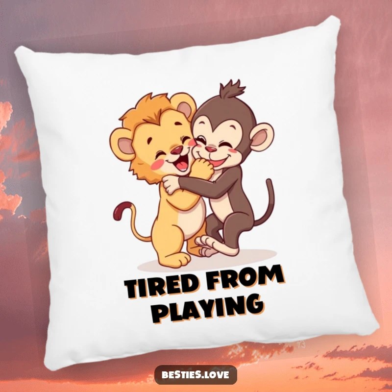 Funny Pillow: A lion cub and a playful monkey wrestling joyfully, offering cozy comfort and a humorous touch to any room.