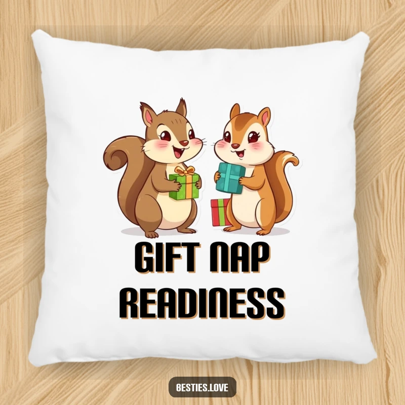 Funny pillow with a cuddly squirrel and chipmunk best friends exchanging gifts, designed for comfort and adding a humorous touch.