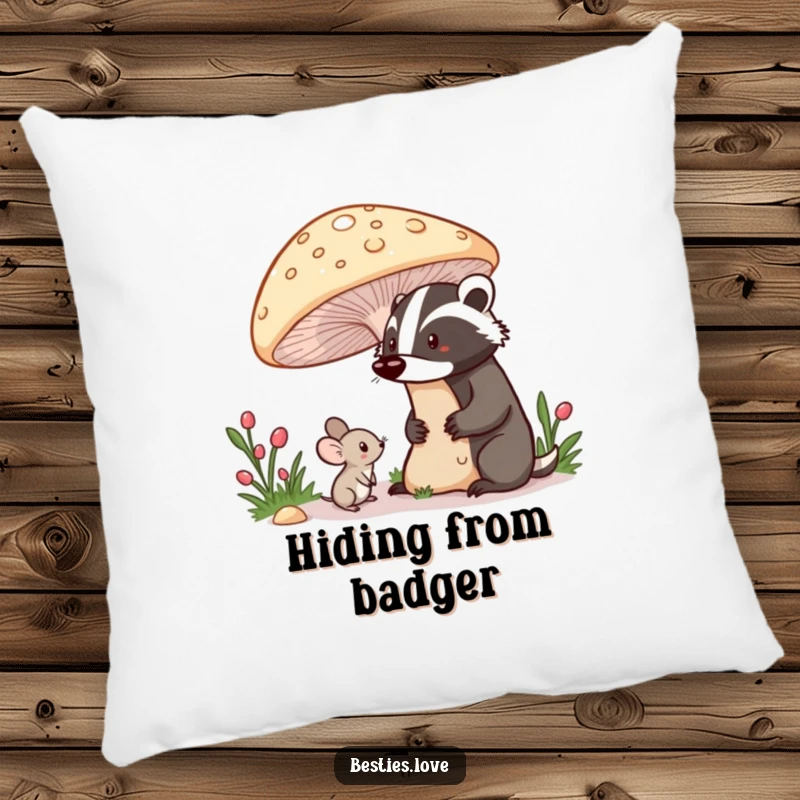 Funny pillow depicting a shy mouse peeking from beneath a mushroom at a proud badger, adding gentle woodland charm to any room.
