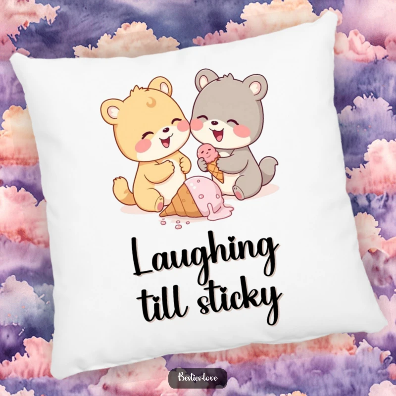 Funny animal pals pillow, two cute animals sharing giggles over a dropped ice cream cone, decorative and soft.