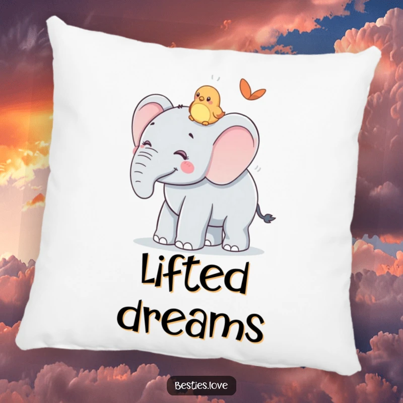 Funny Pillow: A smiling elephant offers a ride to a tiny bird friend on its back, a humorous and cozy addition to any room.