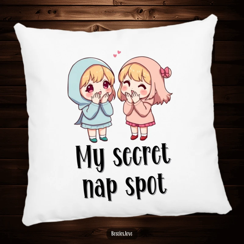 Funny Secret Sharing Friends Pillow showing two companions leaning in close, whispering secrets with comically exaggerated expressions.