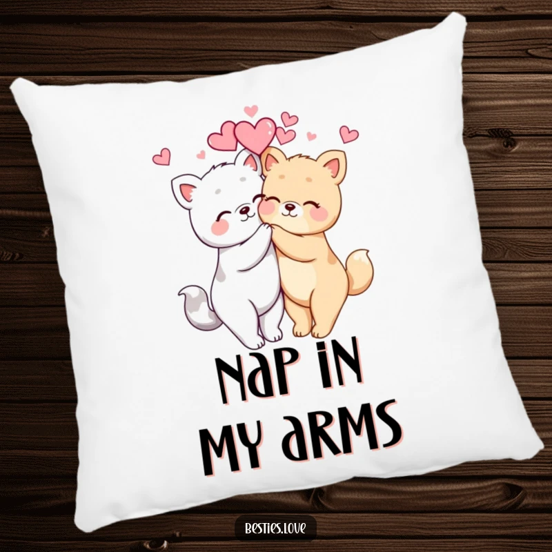 Funny kawaii animals hugging tightly with hearts floating, a soft and decorative pillow that brings comfort and joy.