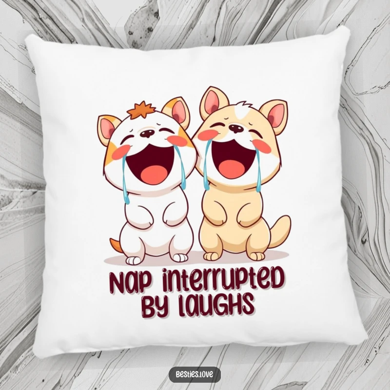 Funny pillow showcasing two animals in extreme laughter, tears streaming, offering plush comfort and a humorous touch to your living space.