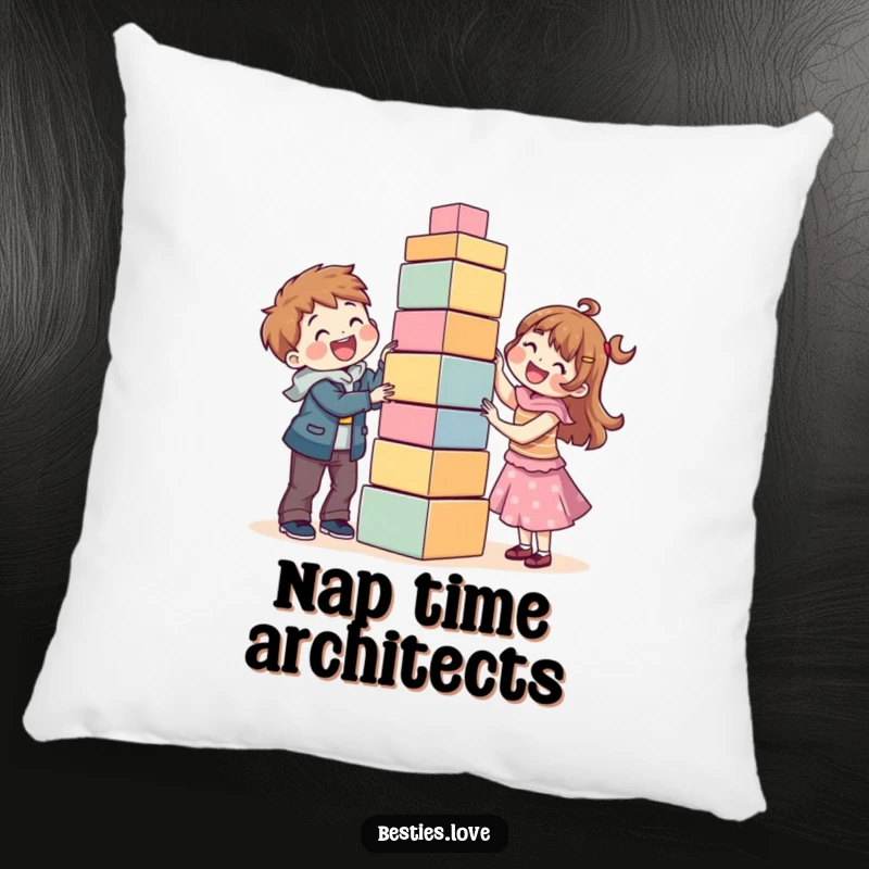 Funny decorative pillow showing two best friends delightedly constructing a tall, precarious tower of blocks, radiating warmth and playful energy.