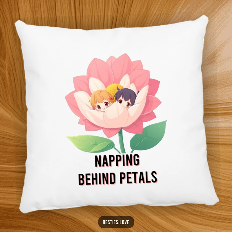 Funny throw pillow with two characters playfully peeking from behind a giant, vibrant flower, offering cozy comfort and whimsy.