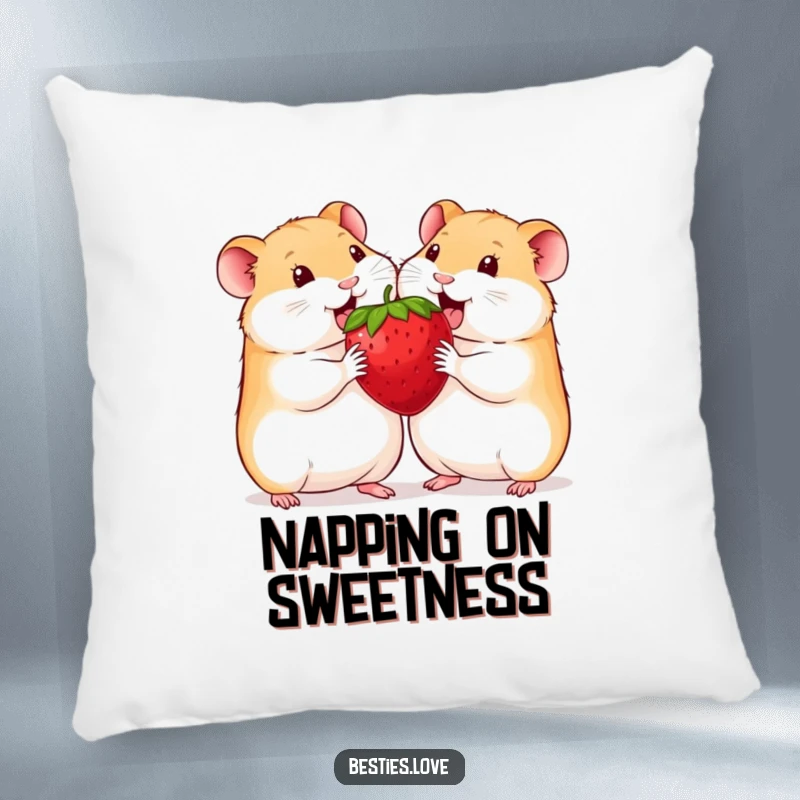 Funny hamster pillow with two happy hamsters snuggled together, sharing a single, exceptionally large strawberry with smiles.