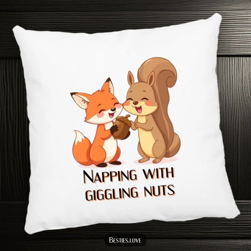 Funny pillow showcasing a joyful fox and a bouncy squirrel sharing a giant acorn and giggling, adding comfort and humor to any space.