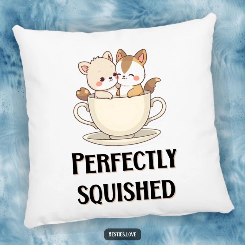 Funny Bestie Animals Pillow: A plush cushion showcasing two best friends humorously squeezed into a miniature teacup, perfect for comfort.