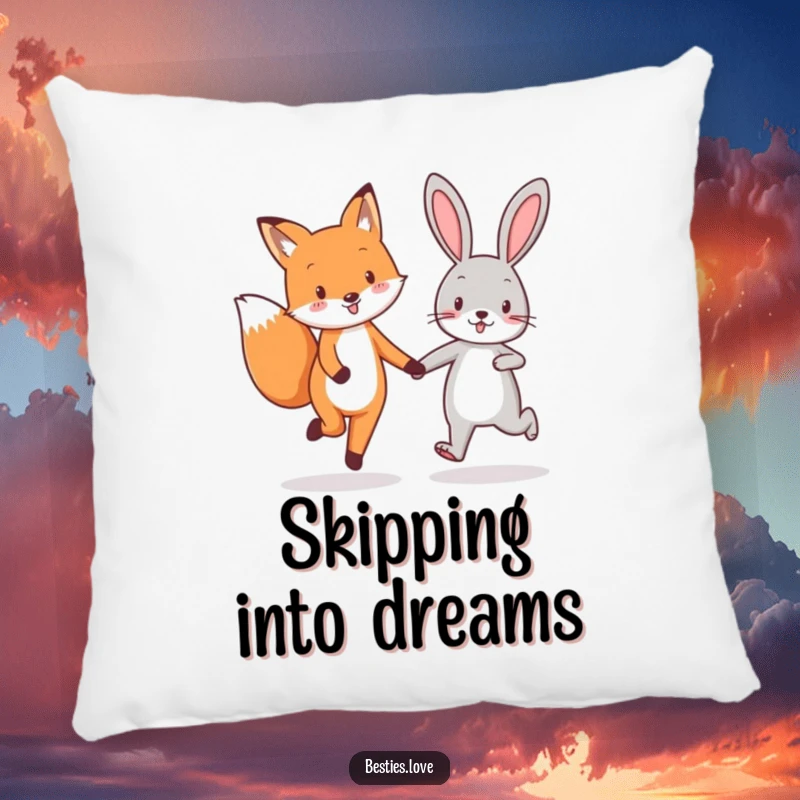 Funny fox and rabbit best friends pillow, showing them skipping joyfully while holding hands, bringing cozy friendship vibes.