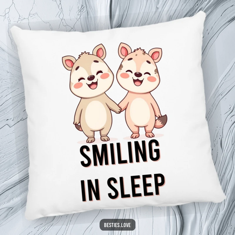 Funny Pals Pillow with two silly animals holding hands, their faces beaming with broad smiles, soft and decorative.
