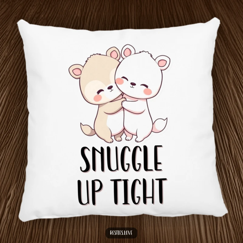 Funny animal hug pillow featuring two cute animals with large heads and short limbs sharing a warm, loving embrace, offering comfort.