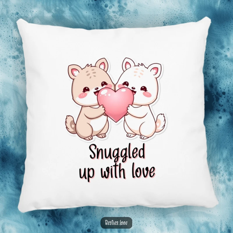 Funny pillow with two happy animals holding a big shiny heart, offering comfort and a touch of love.