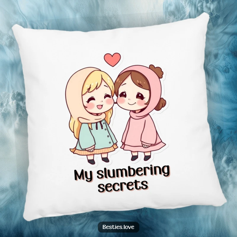 Funny decorative pillow showing best friends sharing a quiet, whispered secret, radiating comfort and a sense of intimate connection.