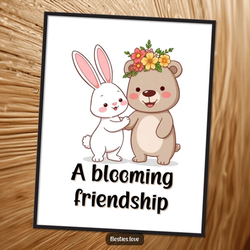 Funny digital art print of a cheerful bunny offering a silly flower crown to a smiling bear, perfect for instant cute wall decor.
