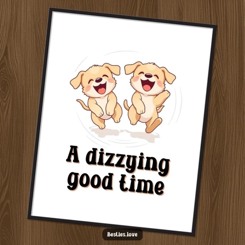 Funny digital art print of two laughing puppies chasing their tails in a dizzying circle, perfect for instant playful dog wall decor.