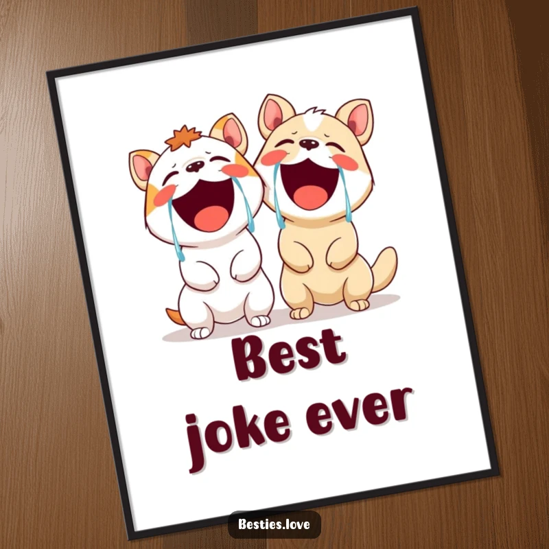 Funny digital art print of two animals in fits of laughter, tears streaming, symbolizing pure joy and humor for instant wall decor.