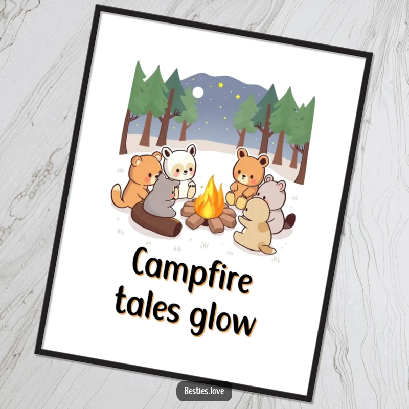 Funny kawaii animals sharing stories around a campfire, a warm and cozy digital art print, instant download.