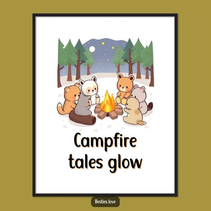 Funny Kawaii Campfire Digital Art Print, Cozy Decor Gift