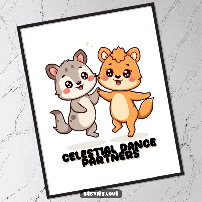 Funny digital art print of two animals dancing joyfully, each with a cheerful, starry-eyed look, creating vibrant decor.