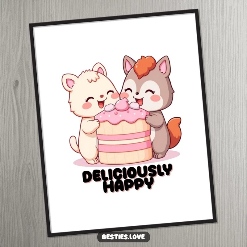 Funny Digital Art Print of two animals contentedly sharing a massive piece of cake, their pleased smiles radiating pure joy, sweetness, and shared happiness.