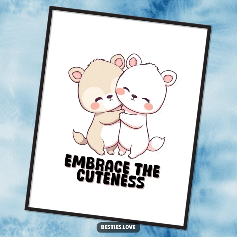 Funny animal hug digital art print of two very cute animals with large heads and short limbs sharing a warm embrace, adding charm.