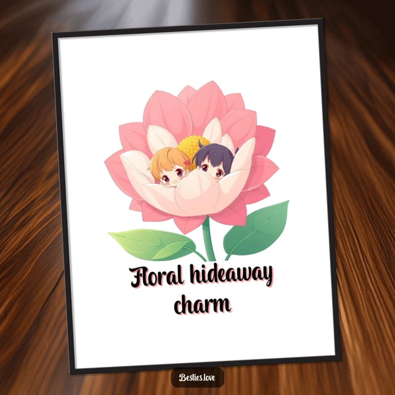Funny digital art print of two characters peeking from behind a giant, vibrant flower, creating whimsical and joyful decor.