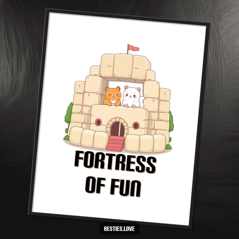 Funny Digital Art Print of two animals constructing an impressive fort from large plush blocks, symbolizing imaginative play, teamwork, and creative construction.