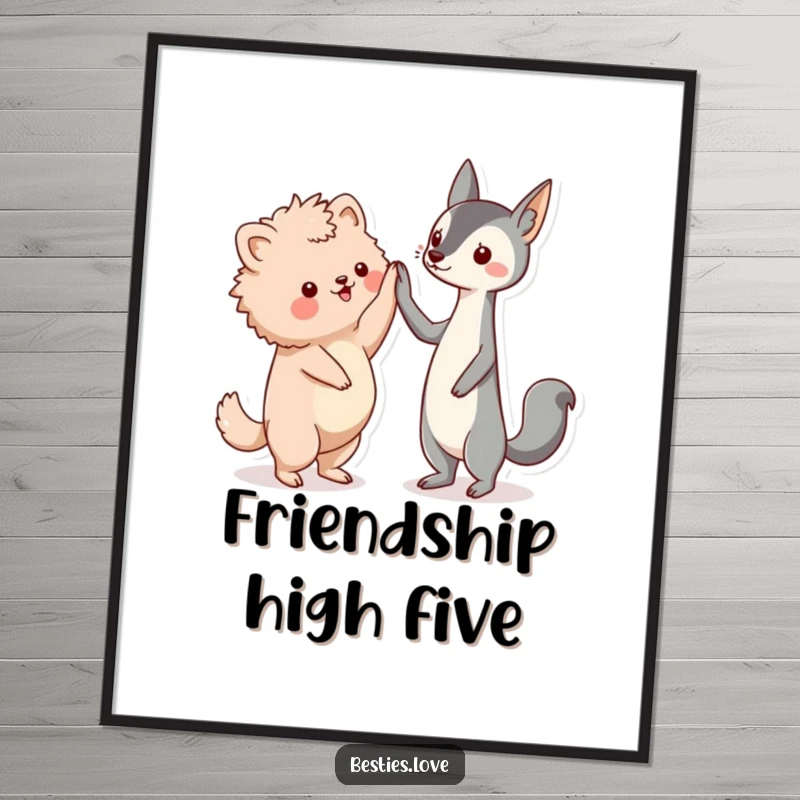 Funny friends digital art print, two kawaii animal friends, a fluffy creature and a sleek one, high-fiving enthusiastically.