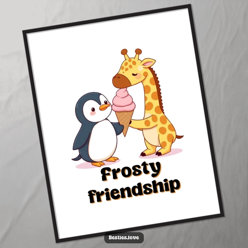 Funny Digital Art Print: A giraffe and a penguin sharing one giant ice cream cone, capturing a humorous and sweet moment.