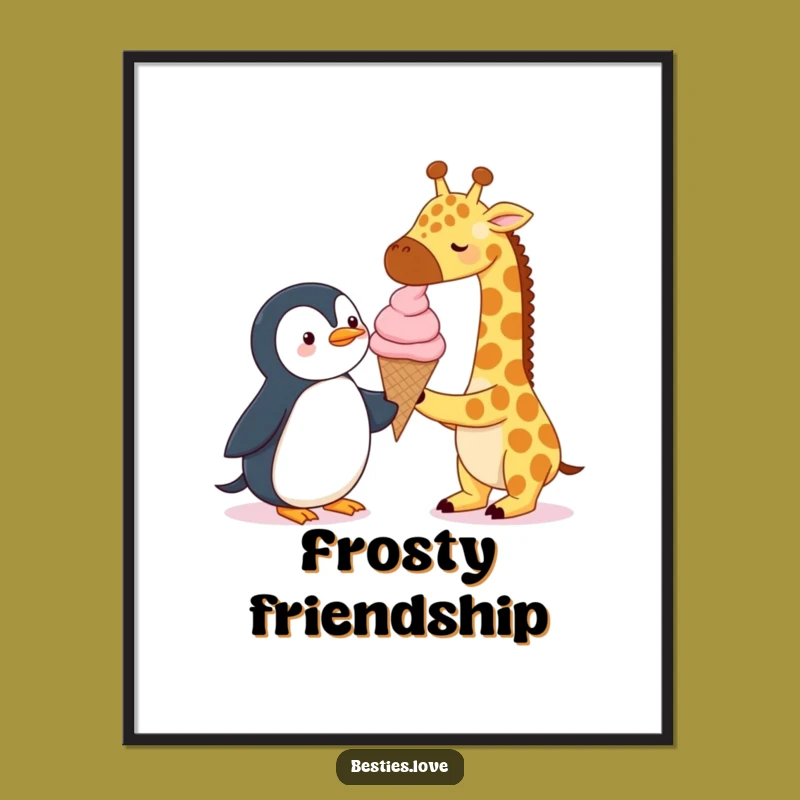 Funny Sweet Treat Digital Art: Giraffe & Penguin Ice Cream Scene, Instant Funny Gift