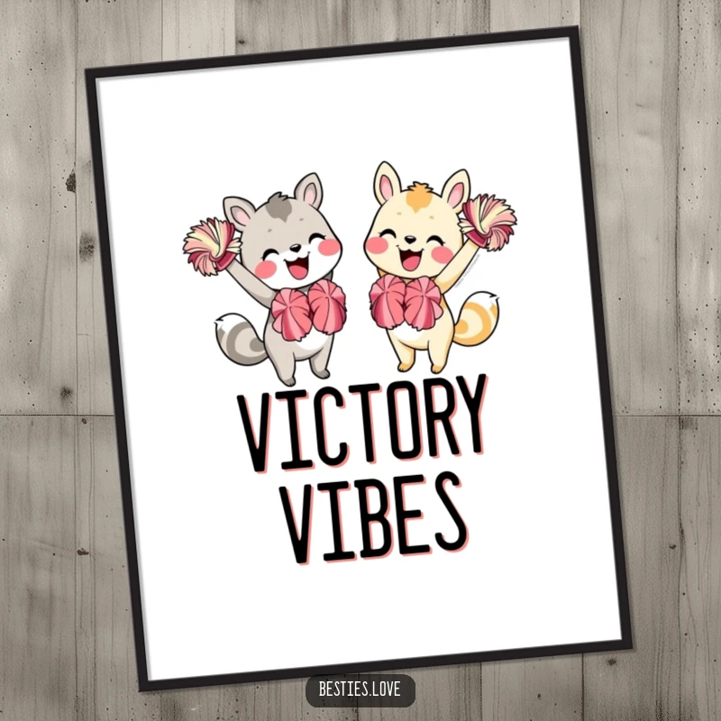Funny Animal Friends Digital Art Print: A comical illustration of two friends enthusiastically cheering with pom-poms and smiles.
