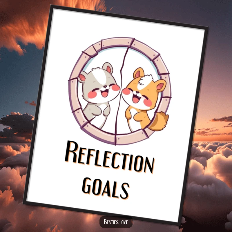 Funny Animal Friends Digital Art Print: A comical illustration of two friends humorously swapping silly faces in a cracked mirror.