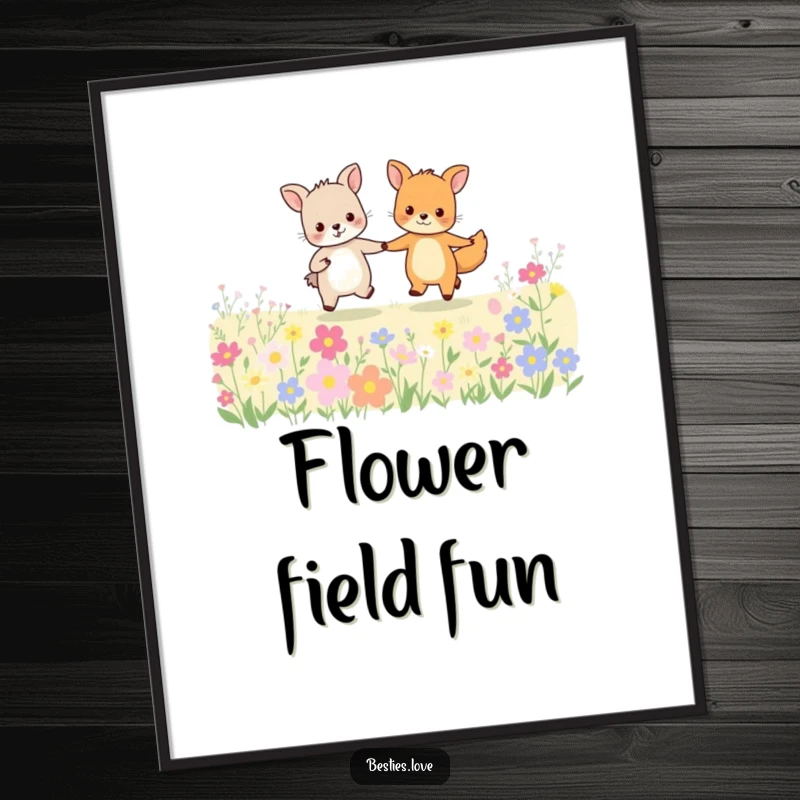Funny animal friends digital art print of two happy creatures holding hands and skipping joyfully through a field of flowers.
