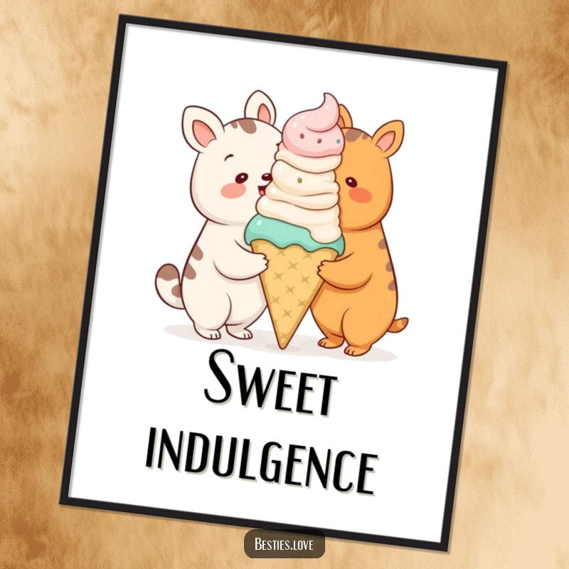 Funny digital art print of two cartoon animals sharing a comically oversized ice cream cone, perfect for wall decor.