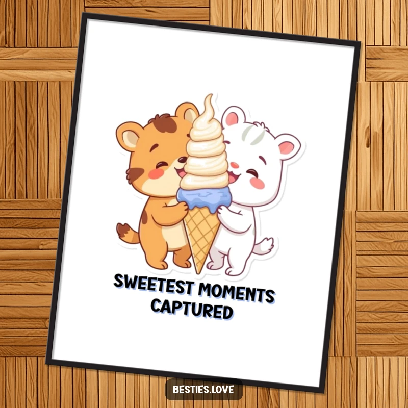 Funny animals sharing a giant ice cream cone, a sweet and joyful digital art print for instant decor.