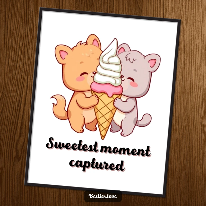 Funny animal ice cream digital art print showing two joyful friends sharing a huge cone, symbolizing sweet companionship and happiness.