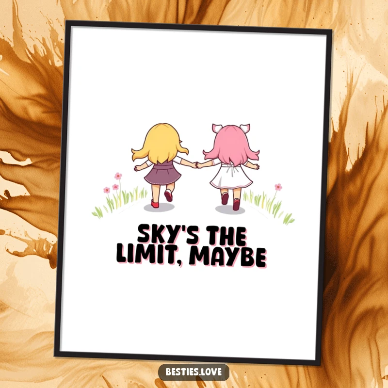 Funny digital artwork of best friends hand-in-hand, skipping joyfully along a bright, magical rainbow path, symbolizing connection and joy.