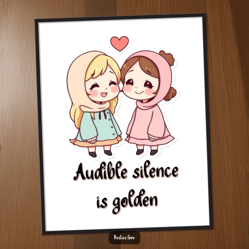 Funny digital artwork of best friends leaning close, whispering secrets to each other, conveying a sense of intimacy and shared fun.