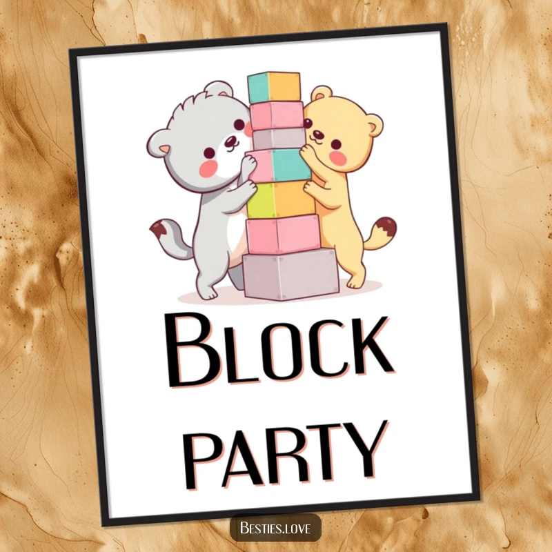 Funny Bestie Animals Digital Art Print: A comical illustration of two friends humorously building a precarious tower of colorful blocks.