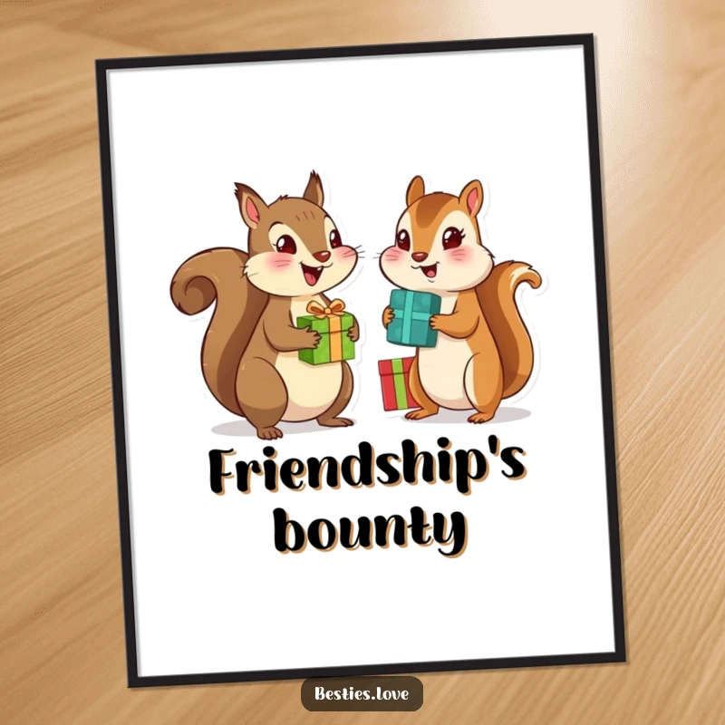 Funny digital art print of a squirrel and chipmunk best friends happily exchanging gifts, perfect for instant download and display.