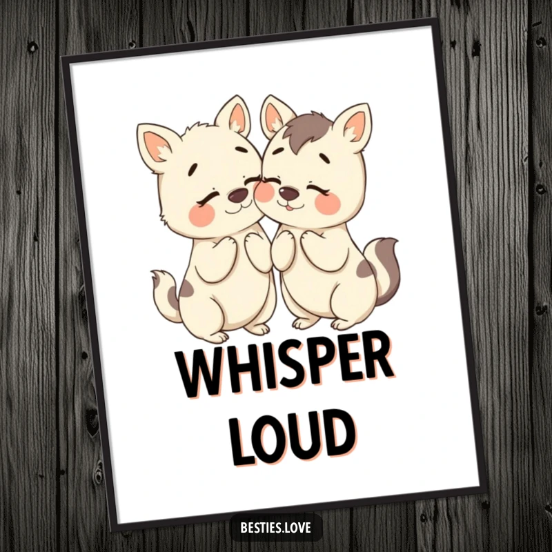 Funny Bestie Animals Digital Art Print: A comical illustration of two friends humorously whispering secrets with exaggerated expressions.