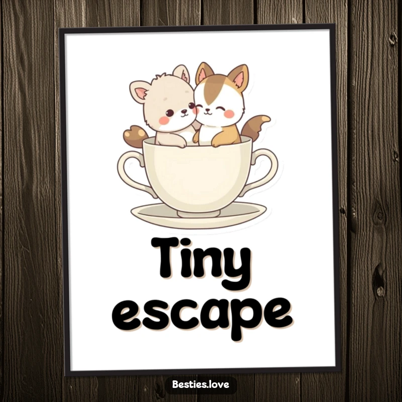 Funny Bestie Animals Digital Art Print: A comical illustration of two best friends humorously squeezed into a tiny teacup.