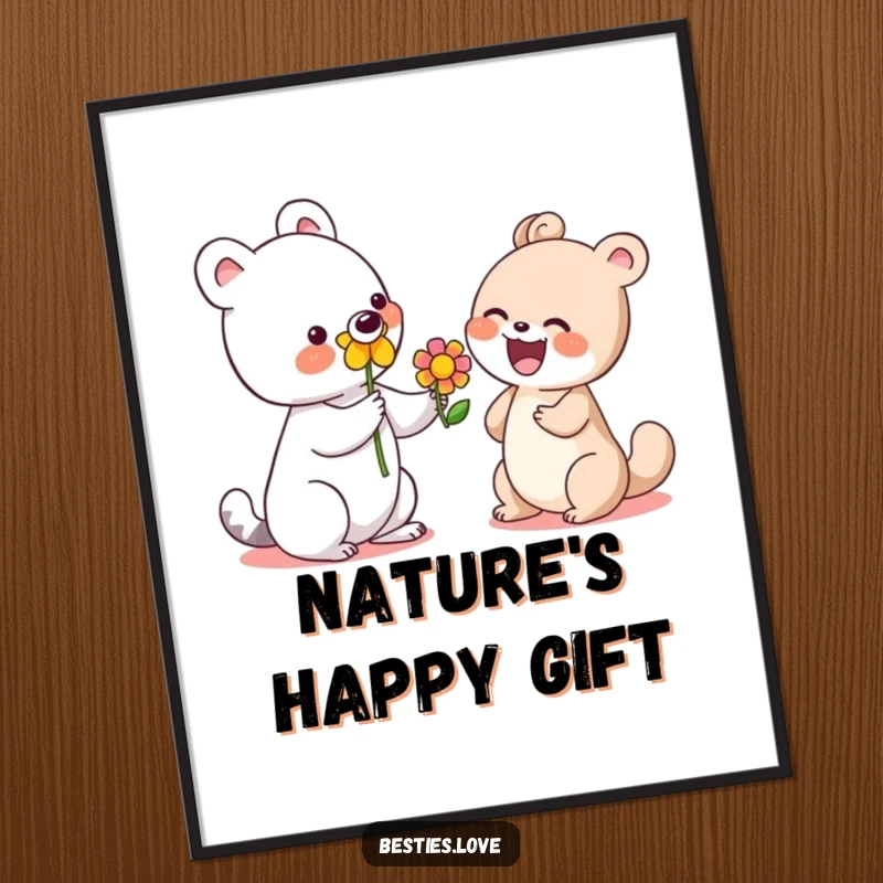 Funny digital art print of a cute animal offering a colorful flower to a laughing friend, symbolizing joy and friendship.