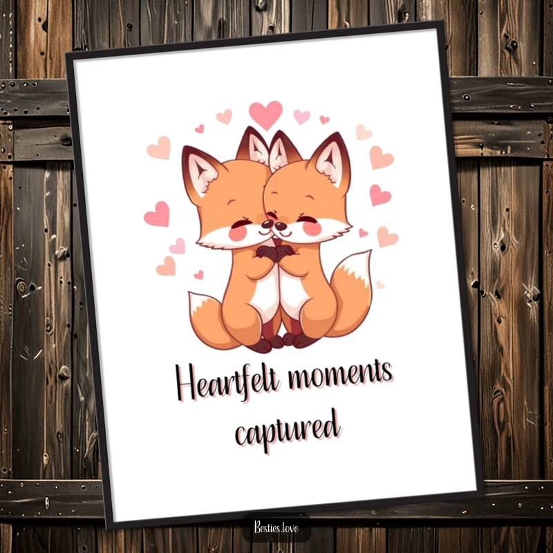 Funny digital art print of two adorable fox friends in a tight embrace, surrounded by glittering hearts, perfect for instant cute home decor.