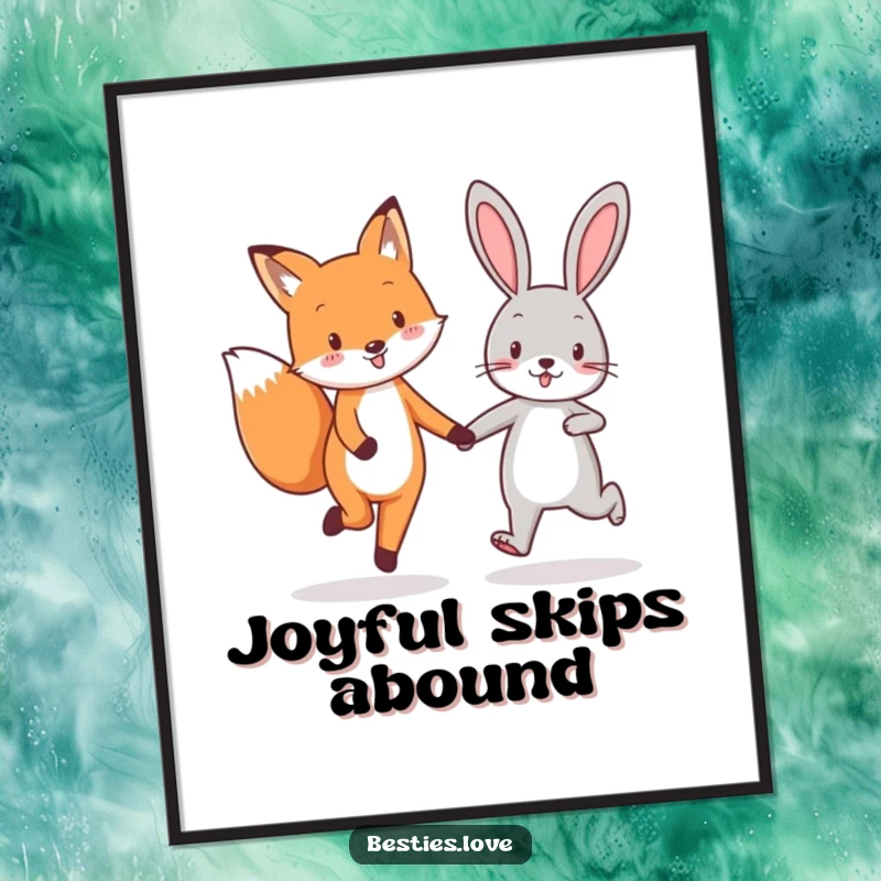 Funny fox and rabbit best friends digital art print, showing them skipping enthusiastically hand-in-hand, radiating pure friendship joy.