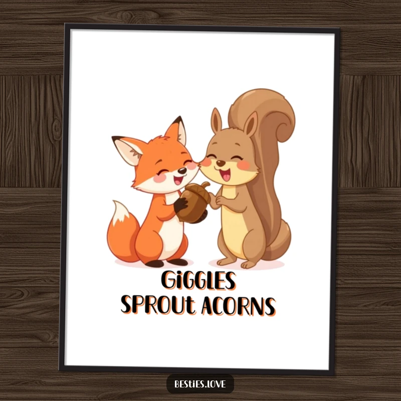 Funny digital art print of a cheerful fox and a delighted squirrel sharing a massive acorn and laughing, capturing a moment of pure woodland fun.